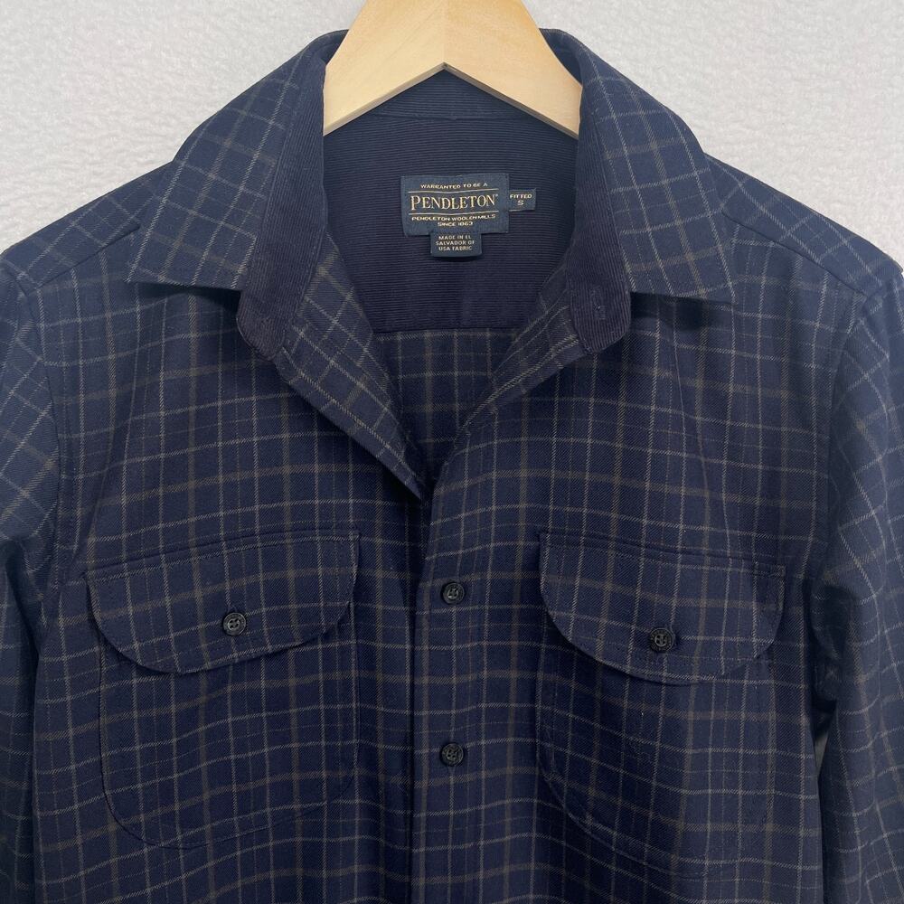 PENDLETON Shirt Mens S Virgin Wool Plaid Flannel Fitted Utility Button Up Blue